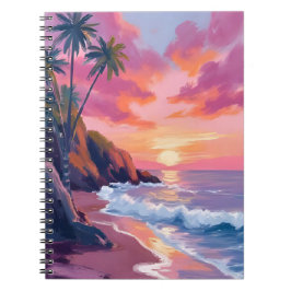 Tropische Roze Zonsondergang Oceaan Aquarel Notitieboek
