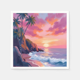 Tropische roze zonsondergang oceaan aquarel servet