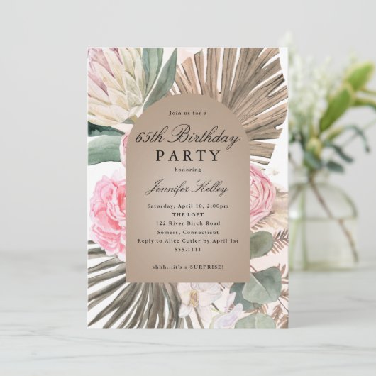 Tropische Rozen, gevat Arch Boho Birthday Party Kaart (Staand voorkant)