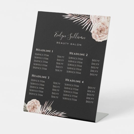 Tropische Rozen Zwarte Prijslijst Pedestal Sign Reclamebord Met Voetstuk (Voorkant)