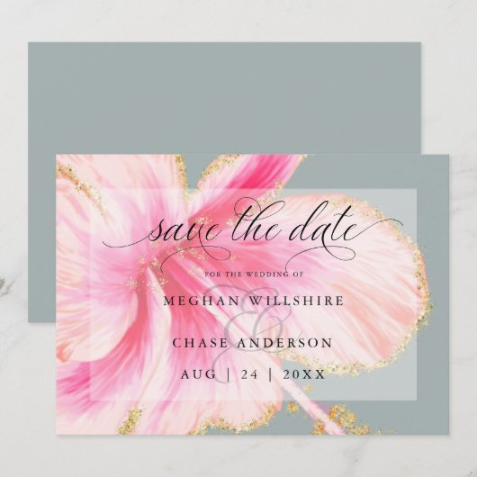 Tropische Rustieke Aquarel Roze Bloem Red De Dag Save The Date (Voorkant / Achterkant)
