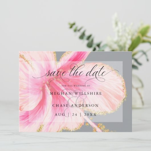 Tropische Rustieke Aquarel Roze Bloem Save The Date (Staand voorkant)