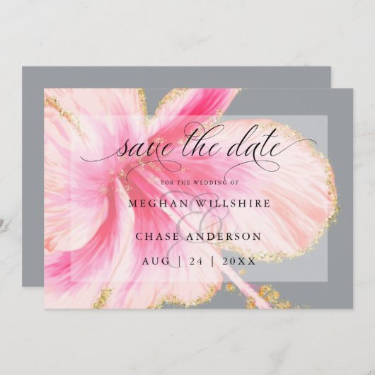 Tropische Rustieke Aquarel Roze Bloem Save The Date (Voorkant / Achterkant)