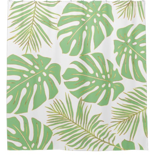 Tropische salie groen goud monsters en palmbladere douchegordijn (Voorkant)