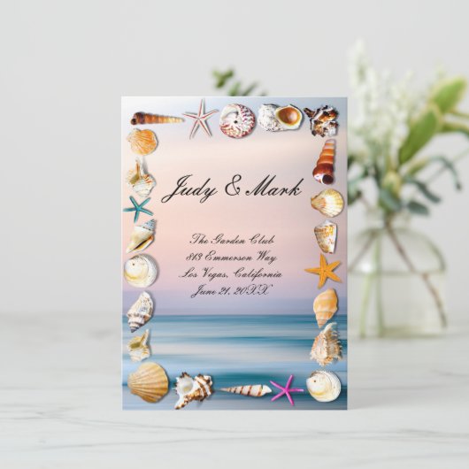 Tropische Sandy Beach & Seashells Wedding Menu Kaa (Staand voorkant)