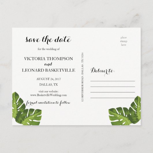 Tropische save de datum | roze flamingo's briefkaa aankondigingskaart (Achterkant)