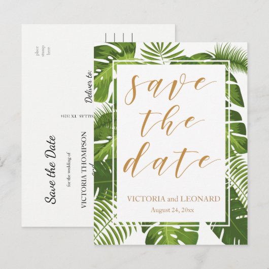 Tropische save the date goud | Huwelijk briefkaart (Voorkant / Achterkant)