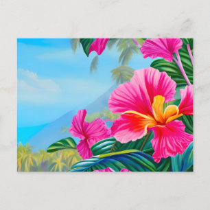 Tropische scène met Hawaïaanse hibiscus roze bloem Briefkaart