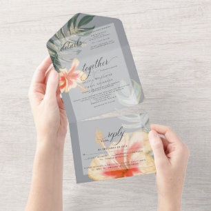 Tropische scharlaken gele hibiscus varen bruiloft all in one uitnodiging