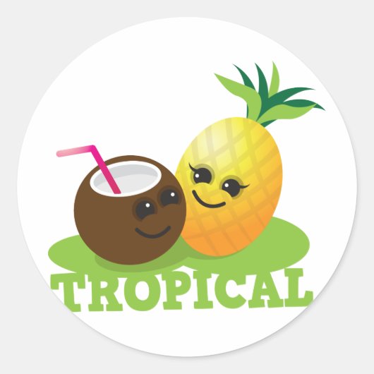 TROPISCHE schattige Kawaii Coconut en ananas Ronde Sticker (Voorkant)
