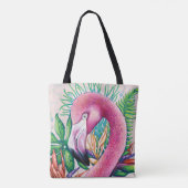 Tropische Schattigee Bloemen Roze Flamingo Canvas  Tote Bag (Achterkant)