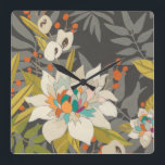 Tropische schemerbloemen vierkante klok<br><div class="desc">Tropisch Twilight II van June Erica Vess. In deze kunst staan bloeiende bloemen in verschillende gedemte tonen met een donkergrijze achtergrond van verschillende tropische bladeren. | 153021Z</div>