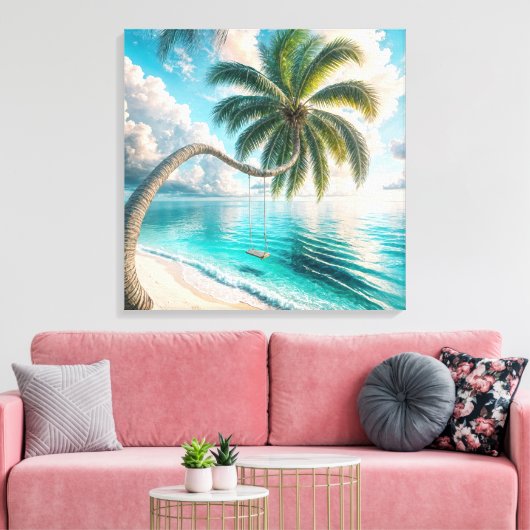 Tropische schommel hangend aan palmboom canvas afdruk (Insitu (Woonkamer))