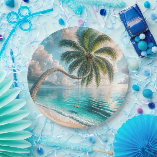 Tropische schommel hangend aan palmboom papieren bordje (Feest)