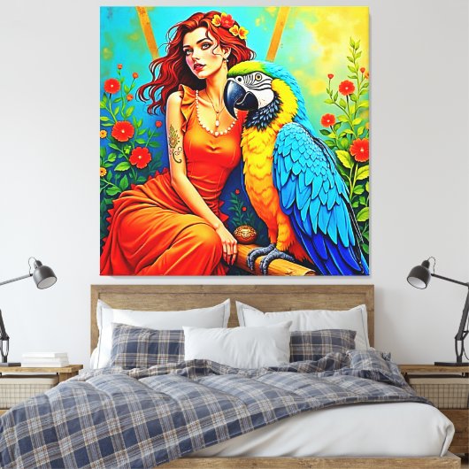 Tropische schoonheid en Blue Parrot Design Canvas Afdruk (Insitu (Slaapkamer))