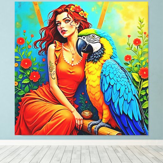 Tropische schoonheid en Blue Parrot Design Canvas Afdruk (Insitu (Houten vloer))