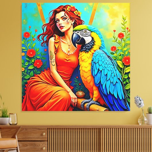 Tropische schoonheid en Blue Parrot Design Canvas Afdruk (Insitu (Woonkamer))