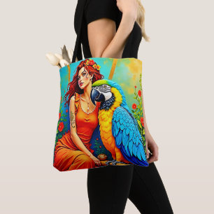 Tropische schoonheid en Blue Parrot Design Tote Bag