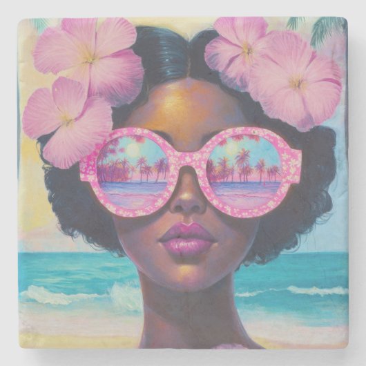 Tropische schoonheid in roze tinten stenen onderzetter (Voorkant)