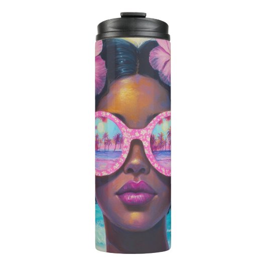 Tropische schoonheid in roze tinten thermosbeker (Voorkant)