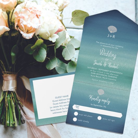 Tropische Seashell Boho Beach Ocean Wedding All In One Uitnodiging