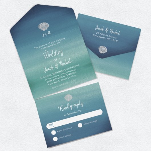 Tropische Seashell Boho Beach Ocean Wedding All In One Uitnodiging