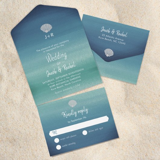 Tropische Seashell Boho Beach Ocean Wedding All In One Uitnodiging