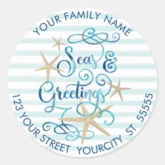 Tropische "SEAsons Greetings" Aqua Stripe Address Ronde Sticker (Voorkant)