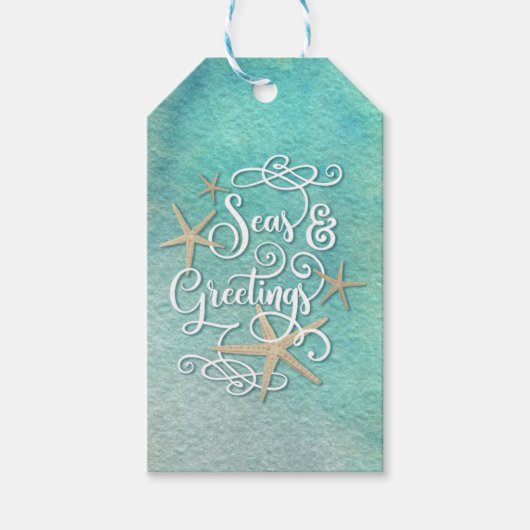 Tropische SEAson's Greetings, Aquatic Waterverf Cadeaulabel (Voorkant)