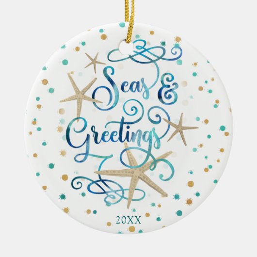 Tropische SEAsons Greetings Beach Script Photo Keramisch Ornament (Voorkant)