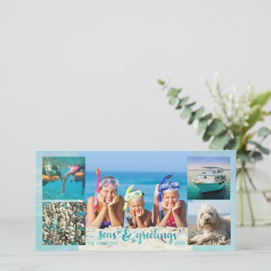 Tropische SEAson's Groeten Borstel Script 5 Foto's Feestdagenkaart (Staand voorkant)