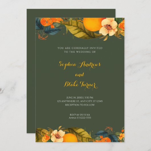 Tropische Sinaasappels en bloemen groene bruiloft Kaart (Voorkant / Achterkant)