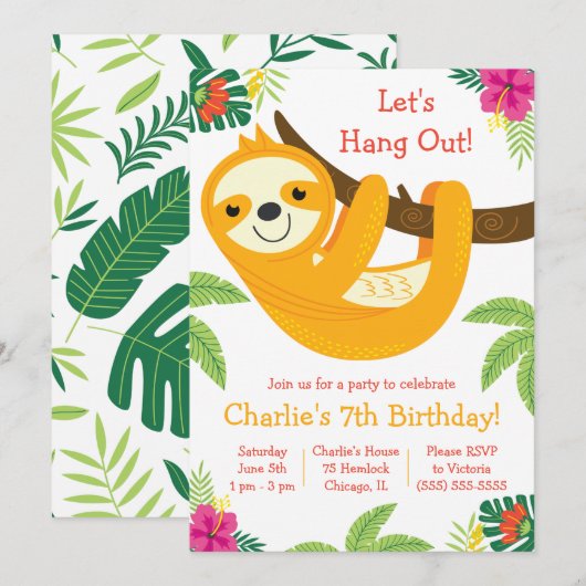 Tropische Slothday Party Kaart (Voorkant / Achterkant)