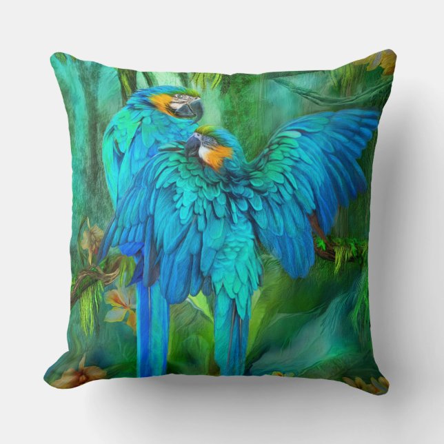 Tropische spirits - Gold- en Blue Macaw Art Pillow Kussen (Voorkant)