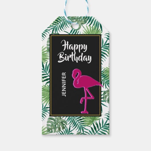 Tropische springplank en roze flamingo Birthday Cadeaulabel (Voorkant)