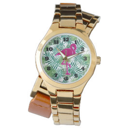 Tropische springplank en roze flamingo horloge