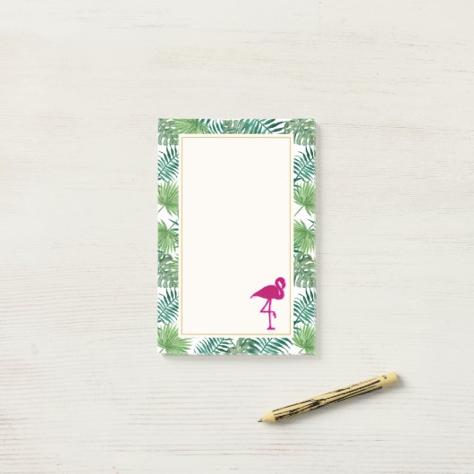 Tropische springplank en roze flamingo post-it® notes (Op bureau)