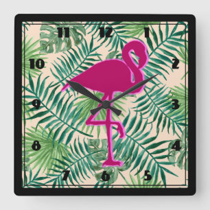 Tropische springplank en roze flamingo vierkante klok