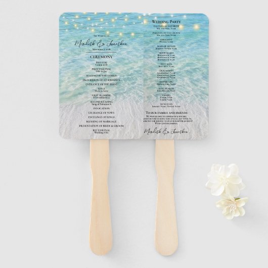 Tropische strand aan zee String Light bruiloft Handwaaier (Voorkant en achterkant)