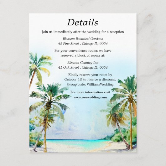 Tropische Strand Bestemming Bruiloft Details Informatiekaartje (Voorkant)