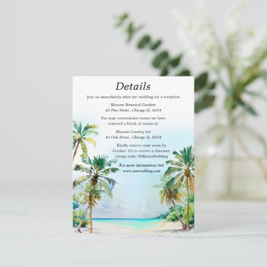 Tropische Strand Bestemming Bruiloft Details Informatiekaartje (Staand voorkant)