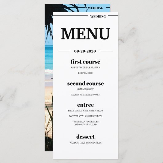 Tropische strand bruiloft bestemming menu (Voorkant / Achterkant)