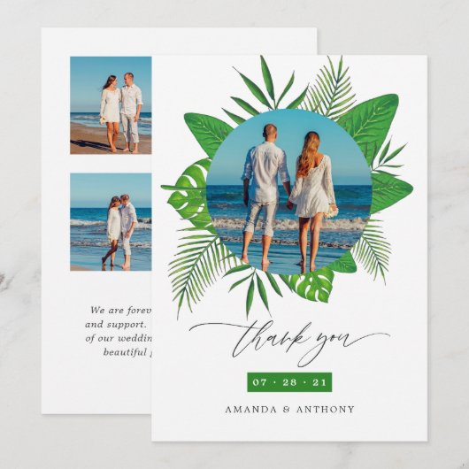 Tropische strand bruiloft foto collage bedankkaart (Voorkant / Achterkant)