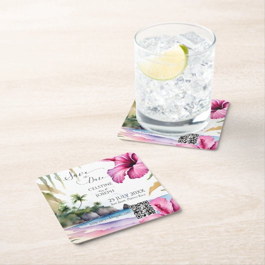 Tropische strand bruiloft opslaan de datum sjabloo kartonnen onderzetters (Insitu)