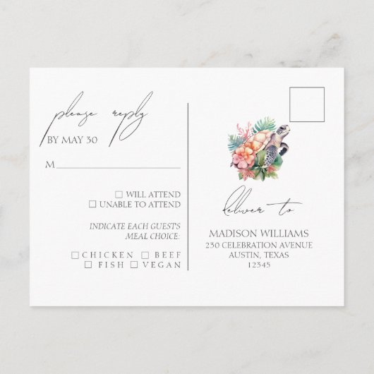 Tropische Strand Bruiloft RSVP Maaltijd Keuze Briefkaart (Achterkant)