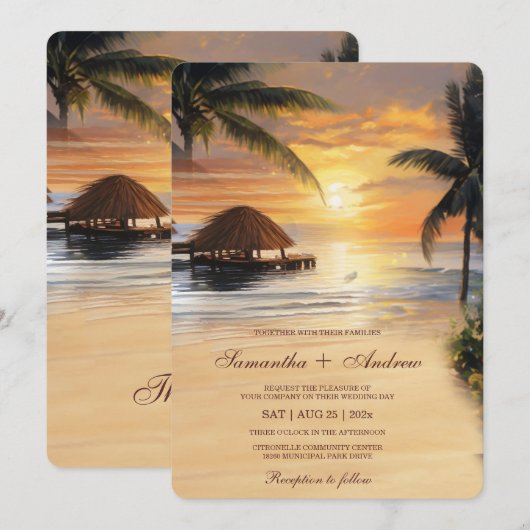 Tropische Strand Bruiloft Template Kaart (Voorkant / Achterkant)