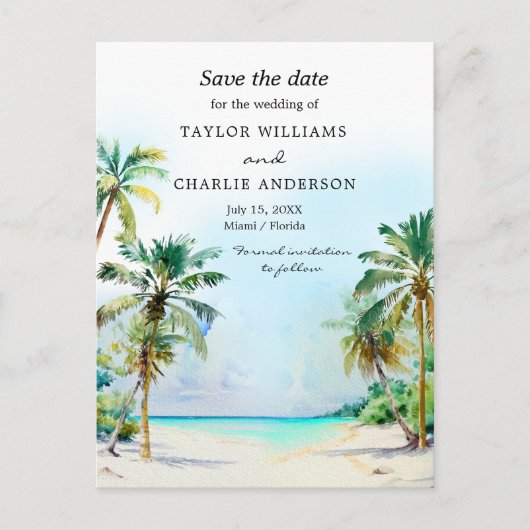 Tropische strand Destination Wedding Save the Date Briefkaart (Voorkant)