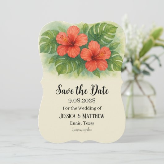 Tropische strand hibiscus bloemen bruiloft kaart (Staand voorkant)