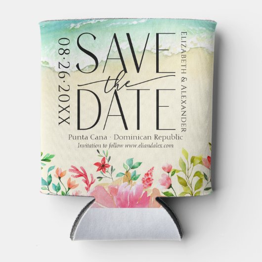 Tropische strand kalligrafie bruiloft Save the Dat Blikjeskoeler (Voorkant)