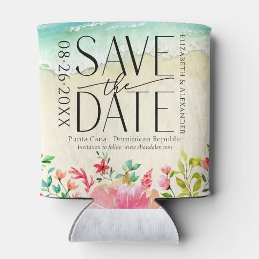 Tropische strand kalligrafie bruiloft Save the Dat Blikjeskoeler (Achterkant)